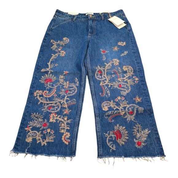 ZARA the New Culotte Embroidered Beaded Raw‎ Hem Straight Leg Jeans Sz Large New - Picture 1 of 16